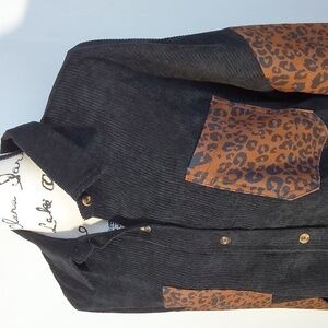 Boutique- Black Corduroy Top W/ Animal Print Leopard  Button Down Trendy Sz.XL